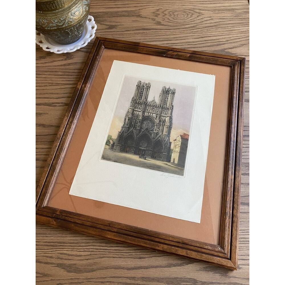 Vintage Etching Notre Dame de Reims Signed Professionally Framed 23x19”